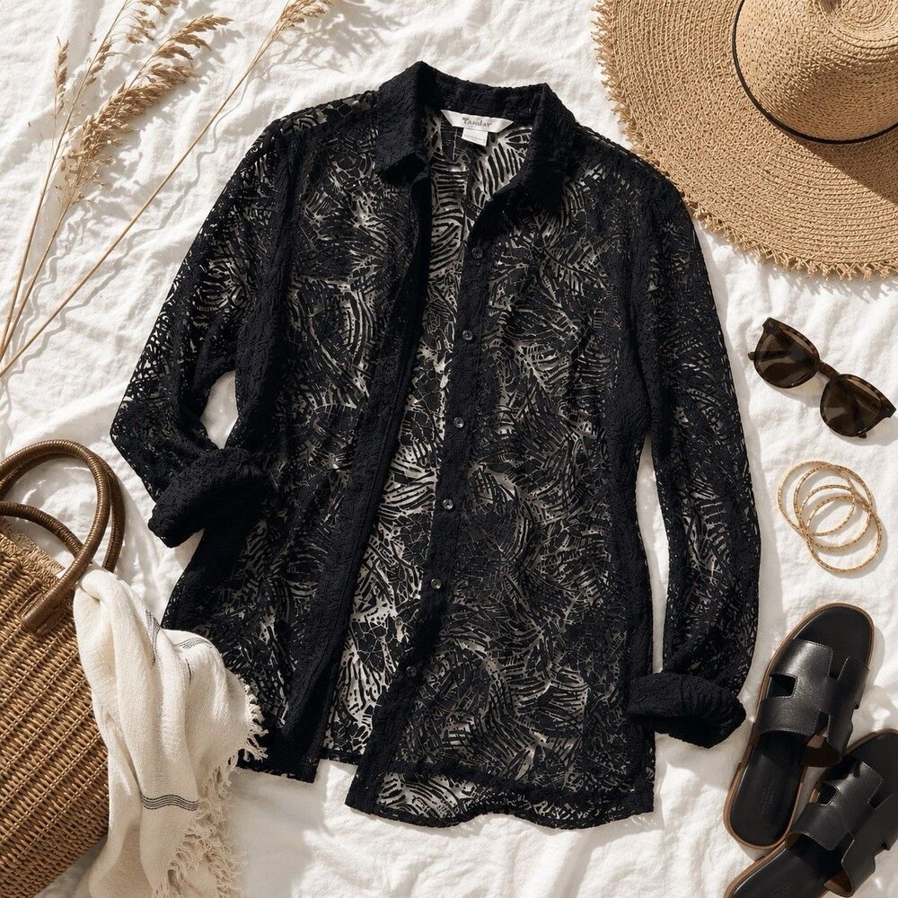 TanJay Black Burnout Tropical Cover Up Shirt Small Sheer Beach Button Down